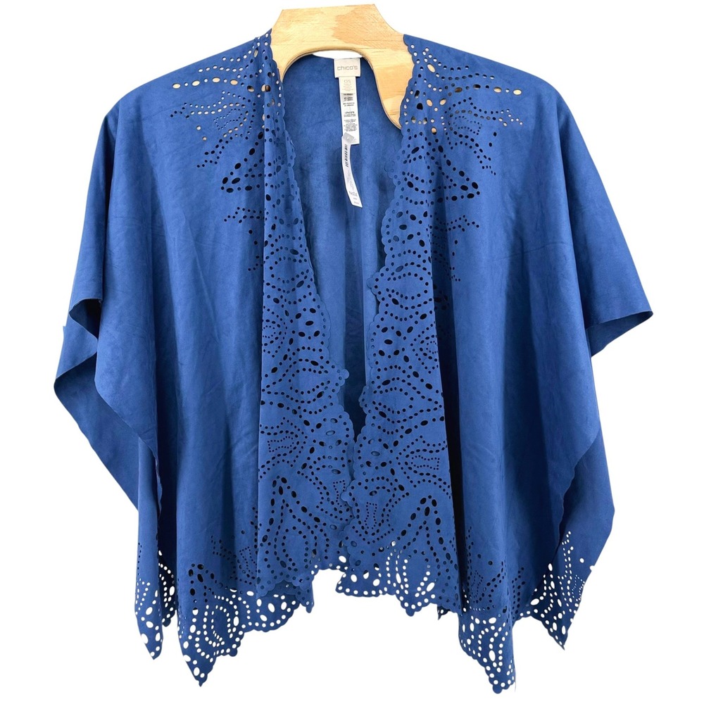 Chicos Perforated Faux Suede Ruana Blue Eyelet Wrap Shawl One Size OS NEW